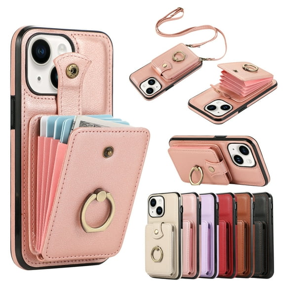 For iPhone 15 Plus Wallet Case, Multiple Cards Holder Crossbody Shoulder Strap Ring Holder Kickstand Premium PU Leather Shockproof Lightweight Phone Case for Apple iPhone 15 Plus, Rosegold