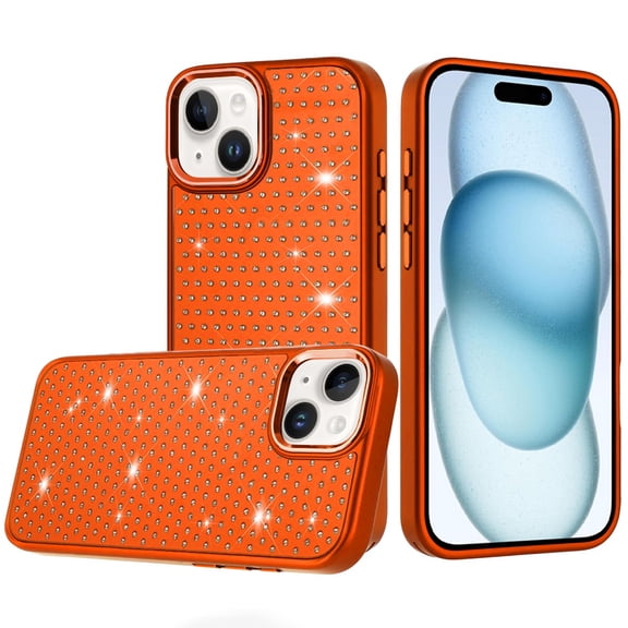 For iPhone 15 Plus/iPhone 14 Plus Beautiful Diamond Metallic Design Metal Chrome Edged Hybrid - Cosmic Orange