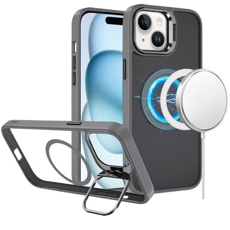 For iPhone 15 Plus/iPhone 14 Plus Fearless Tough HQ Metallic Hybrid with Camera Ring Stand [Magnetic Circle] Case - Gray