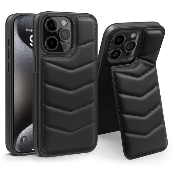 For iPhone 15 Pro Case,Puffer Adjustable Stand Compatible with Magsafe Soft Puffy Quilted Leather Full Body Shockproof Protective Phone Case,Black