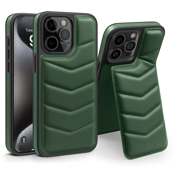 For iPhone 15 Pro Case,Puffer Adjustable Stand Compatible with Magsafe Soft Puffy Quilted Leather Full Body Shockproof Protective Phone Case,Green