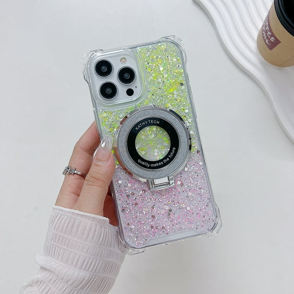 For iPhone 15 Pro Glitter Case, Compatible with MagSafe, 150°Invisible Kickstand & Magnetic Ring Holder, Military Grade Shockproof Bumper Translucent Back for i15 Pro Case,Yellow+Pink
