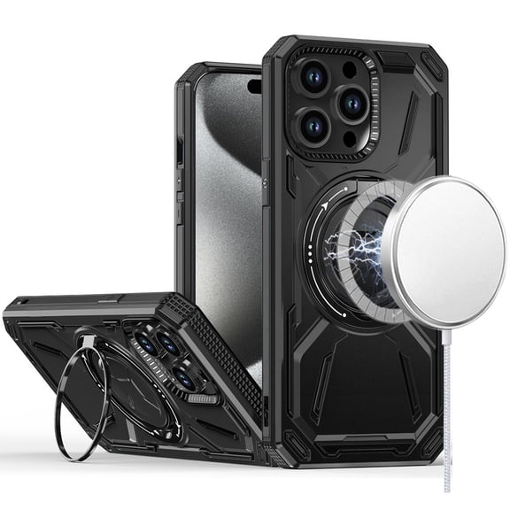 For iPhone 15 Pro Loop Hybrid with [Magnetic Ring Circle] 360 degrees Rotational Kickstand Case Cover - Black