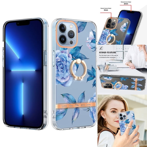 For iPhone 15 Pro Max Floral Case with Ring Holder Kickstand - Slim and Lightweight, Military-Grade Shockproof Protection, Women & Girls' Style Case Designed for iPhone 15 Pro Max, Blue Flower