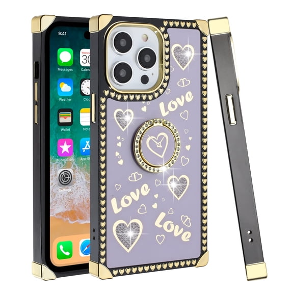For iPhone 15 Pro Passion Hearts Bling Glitter Love Design Ring Stand Case Cover - Purple