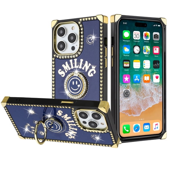 For iPhone 15 Pro Passion Hearts Smiling Diamond Ring Stand Case Cover - Blue