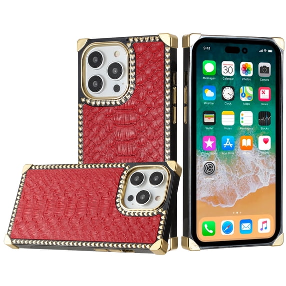 For iPhone 15 Pro Premium PU Leather Heart Hybrid Case - Red