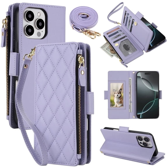 For iPhone 15 Pro RFID Blocking Wallet Case, Crossbody Purse Phone Case with 9 Card Slots, Zipper Pocket & Detachable Strap,Purple,For iPhone 15 Pro