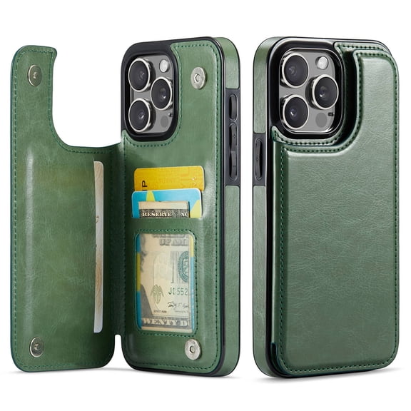 For iPhone 15 Pro Wallet Case with Card Holder, PU Faux Leather Kickstand Card Slots Case, Double Magnetic Clasp and Durable Shockproof Cover