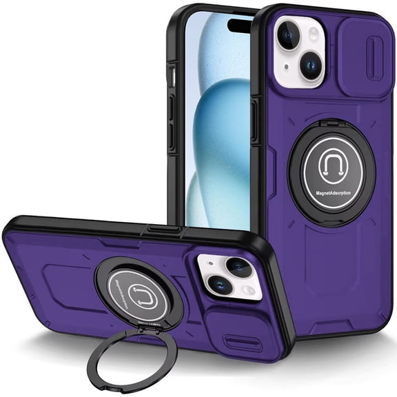 For iPhone 15 Push Mount Friendly Camera Protective [Ring Stand] Hybrid Case - Dark Purple
