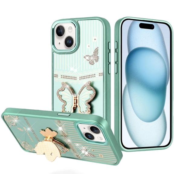 For iPhone 15 Splendid Glitter Butterfly Design Stand with Metallic Edges Hybrid Case - Teal