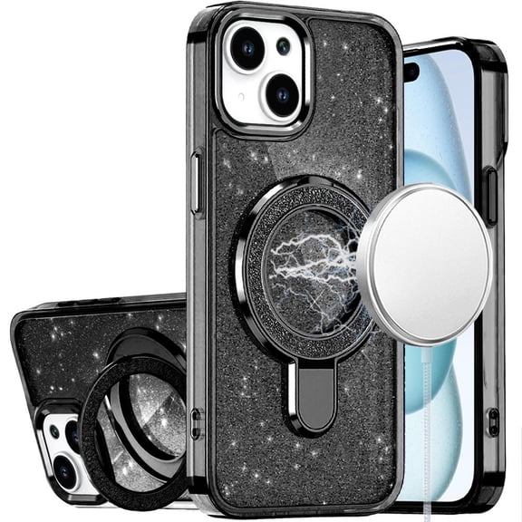 For iPhone 15 Transparent Glitter Rotaional Magnetic Ring Stand HQ Hybrid - Black