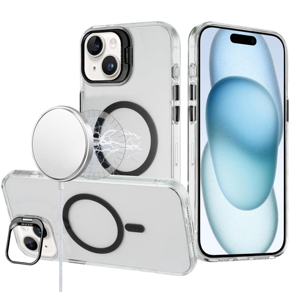 For iPhone 15 Transparent HQ Hybrid with Metallic Camera Stand Magnetic Ring Case - Black