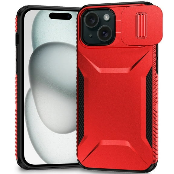 For iPhone 15 Case Rugged Side Grip Sliding Rear Lens Cover + 2 Tempered Glass