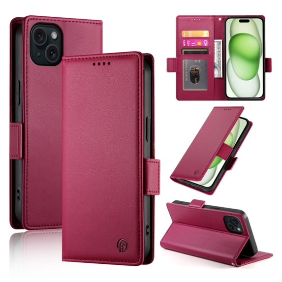 For iPhone 15 Wallet Case Flip Card Holder,PU Leather Side Buckle Magnetic Frosted Women Men Cover,Wine Red,For iPhone 15