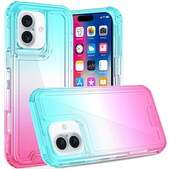 For iPhone 16 6.1 inch 3in1 Two Tone Shockproof Transparent Hybrid Case - Light Blue + Pink