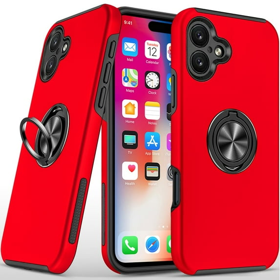 For iPhone 16 6.1inch Case Dual Layer Magnetic Ring Stand Hybrid +Tempered Glass