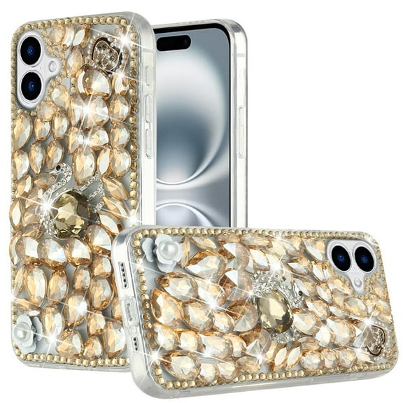 For iPhone 16 6.1 inch Full Diamond with Ornaments Hard TPU Case Cover - Gold Swan Crown Pearl