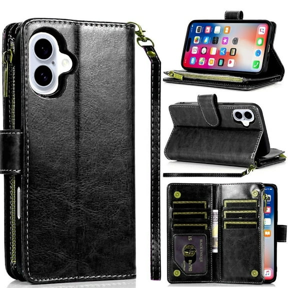 For iPhone 16 6.1 inch Luxury Wallet Card ID Zipper Money Holder Case Cover - Black