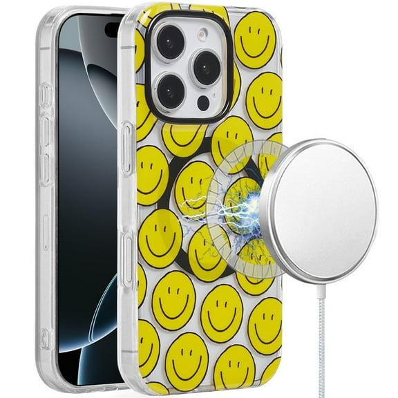 For iPhone 16 6.1 inch [Magnetic Circle] Double Layer Design IMD TPU Case - Smiley Faces
