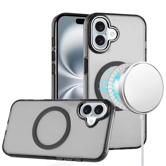 For iPhone 16 6.1 inch Magnetic Circle Ring Transparent Premium Acrylic with Metal Buttons & Camera Raised Lip - Black