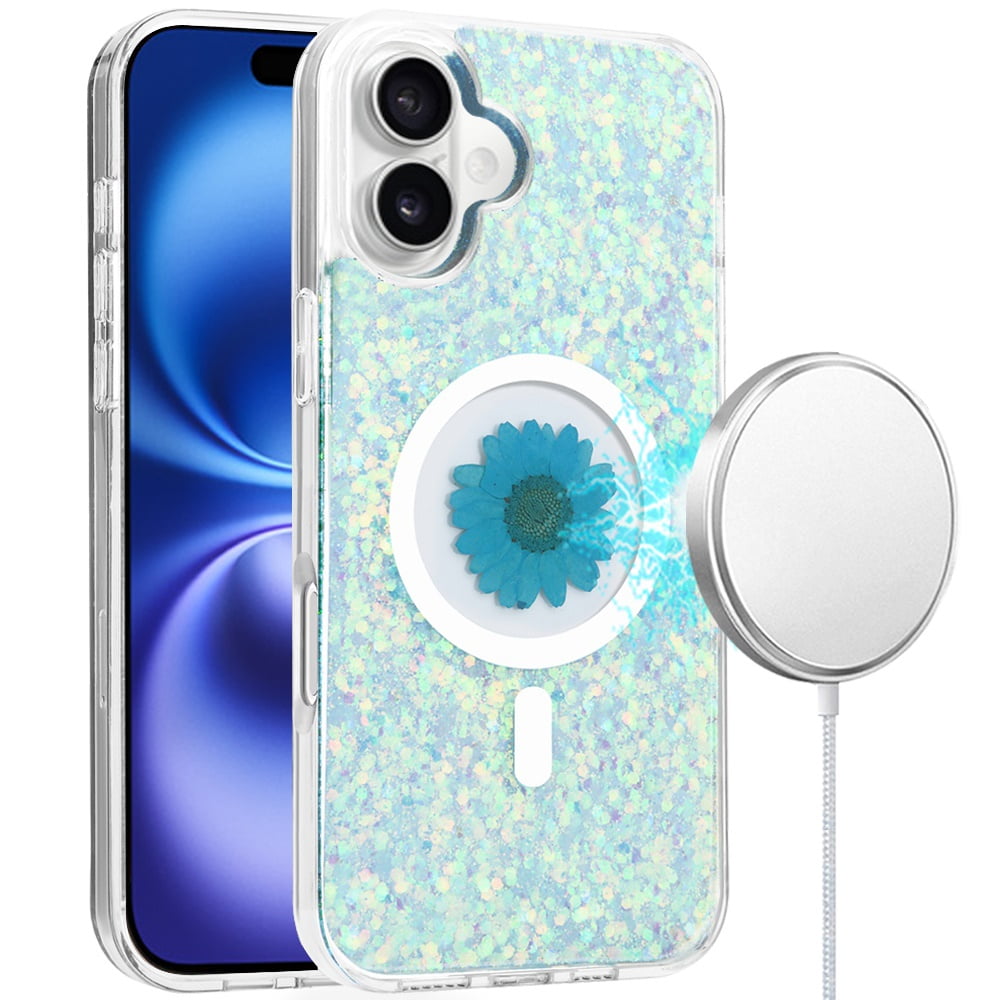 Apple Case Inside For iPhone 16 6.1 inch Magnetic Ring Circle Real Flower Epoxy Glitter ...