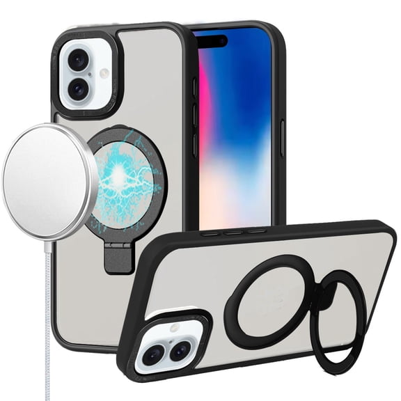 For iPhone 16 6.1 inch Metal Chrome Kickstand [Magnetic Circle] Shockproof Matching Camera Hybrid - Black
