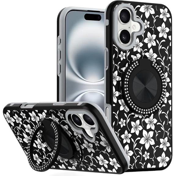 For iPhone 16 6.1 inch Metal Diamond CD Pattern Design Matte Finished Hybrid with Rotational Ring [Car Mount Friendly] Case - 7