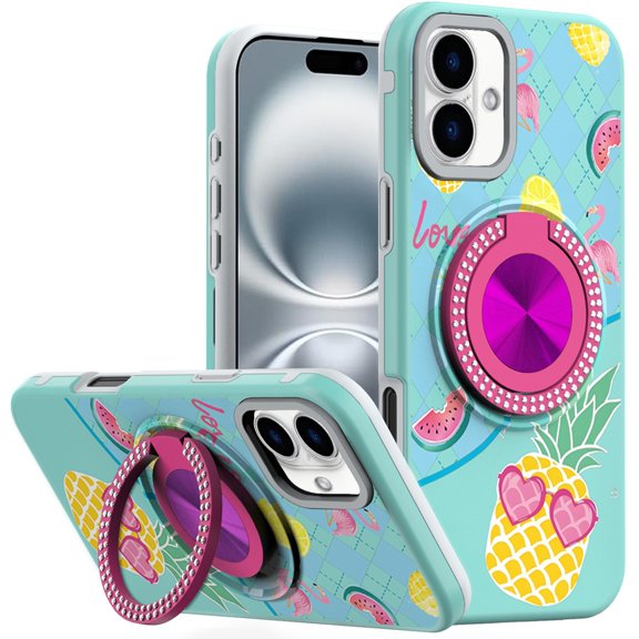 For iPhone 16 6.1 inch Metal Diamond CD Pattern Design Matte Finished Hybrid with Rotational Ring [Car Mount Friendly] Case - Pineapple