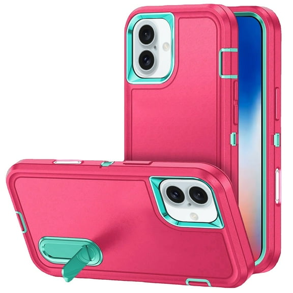 For iPhone 16 6.1 inch PEAK 3in1 Toughest Hybrid with Stand Cover Case - Teal/Hot Pink