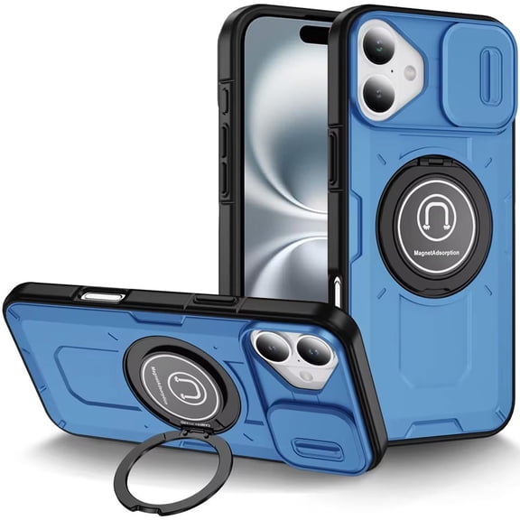 For iPhone 16 6.1 inch Push Mount Friendly Camera Protective [Ring Stand] Hybrid Case - Light Blue