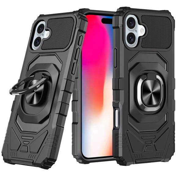 For iPhone 16 6.1inch Case Dual Layer Magnetic Ring Stand Cover + Tempered Glass