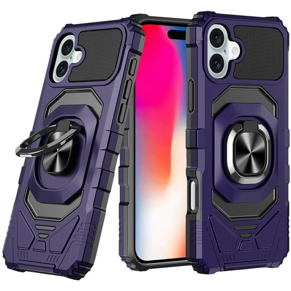 For iPhone 16 6.1 inch Robotic Hybrid with Magnetic Ring Stand Case Cover - Dark Purple