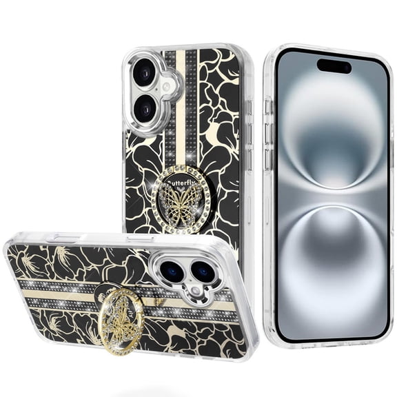 For iPhone 16 6.1 inch Splendid Floral Designs with Metal Camera and Buttons with Butterfly Ring Stand Hybrid Case - Black