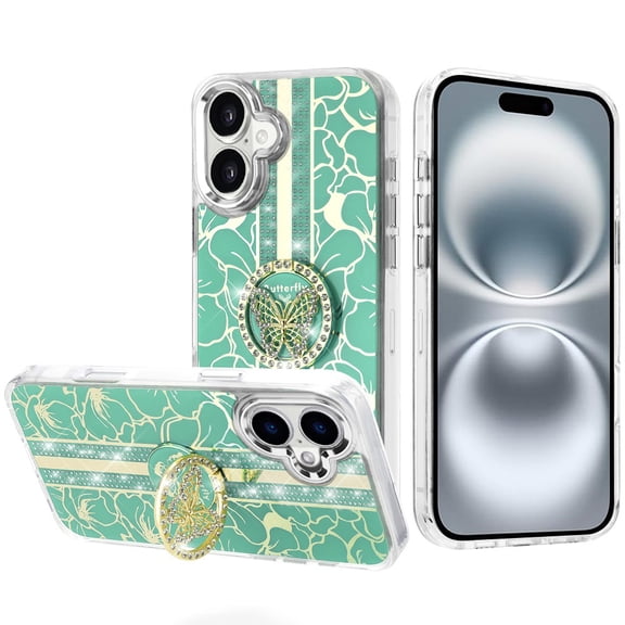 For iPhone 16 6.1 inch Splendid Floral Designs with Metal Camera and Buttons with Butterfly Ring Stand Hybrid Case - Light Green