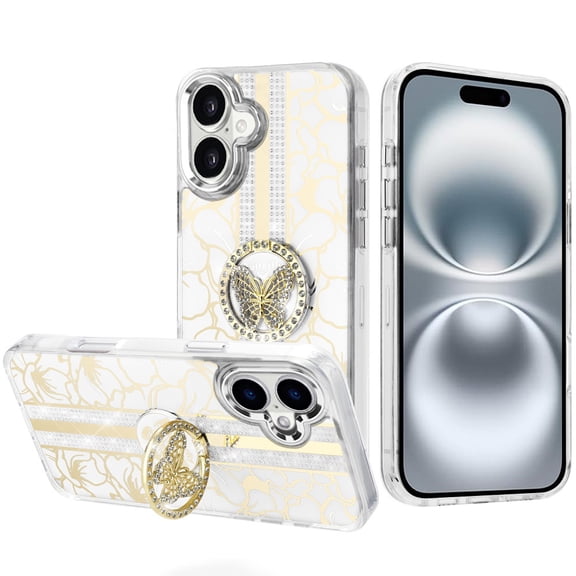 For iPhone 16 6.1 inch Splendid Floral Designs with Metal Camera and Buttons with Butterfly Ring Stand Hybrid Case - White