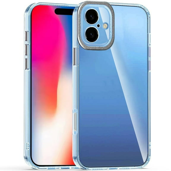 For iPhone 16 6.1 inch Transparent Clear Hybrid with Matching Metal Buttons and Camera Protection - Black