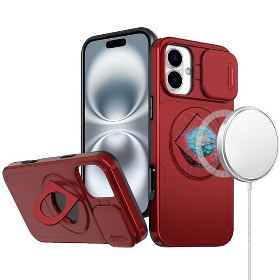 For iPhone 16 6.1inch Case Full Protection Stand Magnetic Circle +Tempered Glass