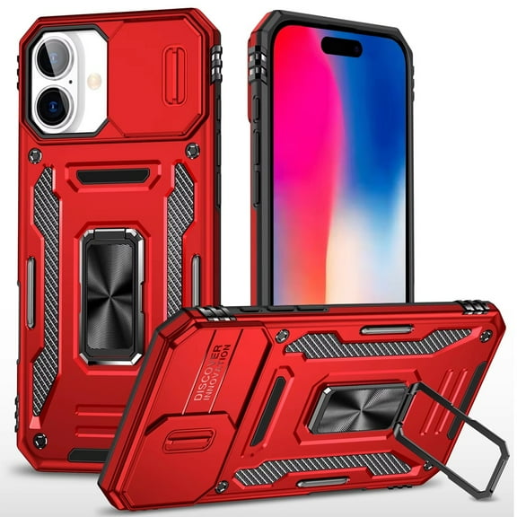 For iPhone 16 6.1 inch Utter Tough Metal Ring Movable Camera Window Hybrid Case Cover - Red