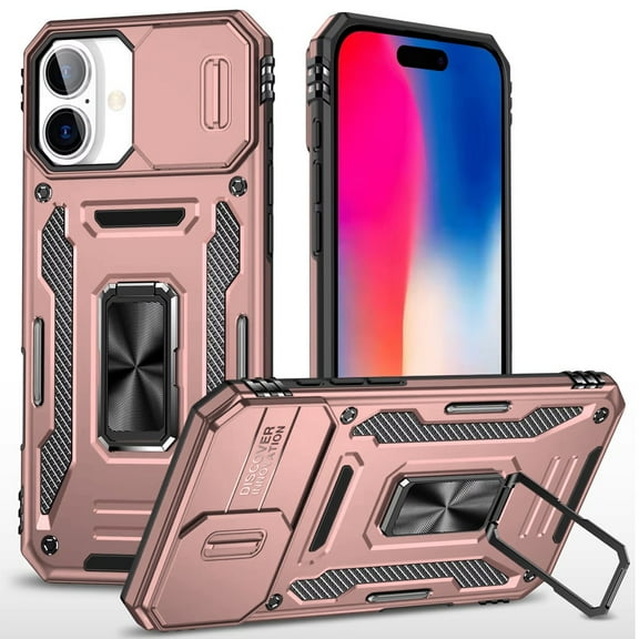 For iPhone 16 6.1 inch Utter Tough Metal Ring Movable Camera Window Hybrid Case Cover - Rose Gold