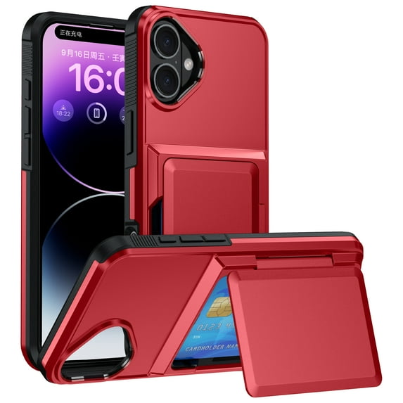 For iPhone 16 Case with Card Holder Heavy Duty Protective Kickstand Dual Layer Shockproof Hidden Card Slot Slim Wallet Military Protection Rugged Case for iPhone 16,Red