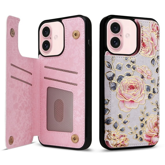 For iPhone 16 Case with Card Holder, Stylish Flower with Glitter Bling Rhinestone Stand Shockproof Slim Fit Bumper Wallet Case for Apple iPhone 16, Flower
