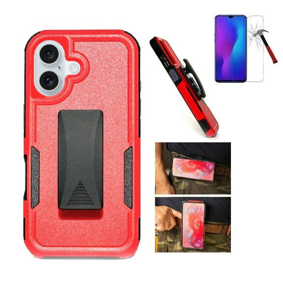 For iPhone 16 Case, Dual Layer Shockproof 360-Degree Rotating Belt Clip Case Cover with Kickstand + Tempered Glass (Red)
