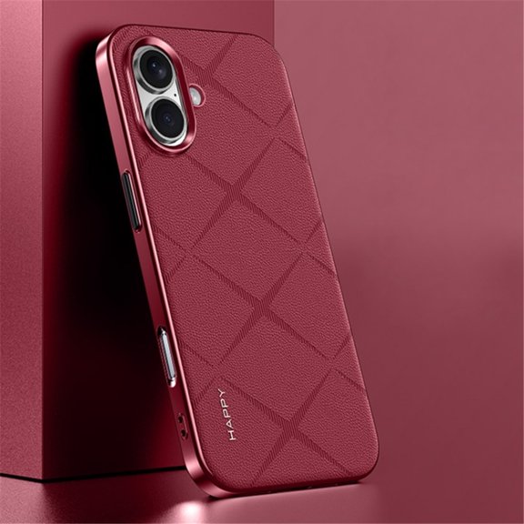 For iPhone 16 Case Plain Leather Shockproof With Anti-Fingerprint Camera Protection Phone Case,Red,For iPhone 16