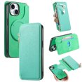 thumbnail image 1 of For iPhone 16 Case with RFID Blocking Card Holder for Women and Men,Compatible with MagSafe,Detachable Wallet 2 in 1 PU Leather Magnetic Snap Flip Kickstand Zipper Pouch Phone Case,Green, 1 of 9