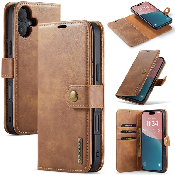 For iPhone 16 DG.MING Crazy Horse Texture Detachable Magnetic Leather Phone Case,Brown,For iPhone 16