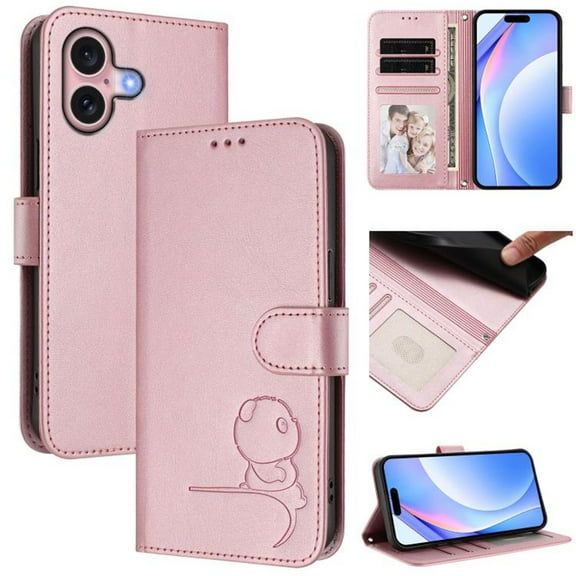 For iPhone 16 Litter Panda Embossing Leather Phone Case with RFID Blocking Card Slot Wallet Magnetic Clasp Lanyard Flip Stand Case,Pink,For iPhone 16
