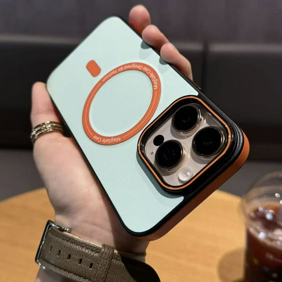 For iPhone 16 Magnetic Clashing Colors Phone Case,Compatible with Mag-Safe,Leather Edging Anti-crash Designing,Metal Button,Shockproof Rugged Ultra Slim Phone Case Cover,Cyan