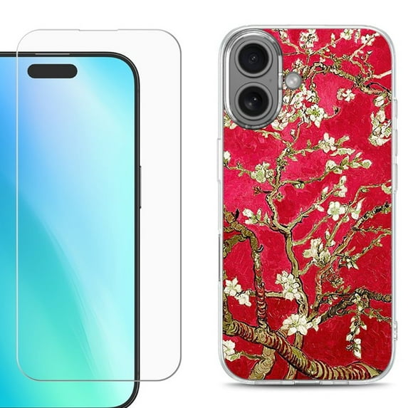 For iPhone 16 Phone Case Cover, Shockproof Case with Tempered Glass Screen Protector, by OneToughShield - Almond Blossom Red