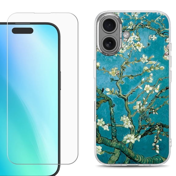 For iPhone 16 Phone Case Cover, Shockproof Case with Tempered Glass Screen Protector, by OneToughShield - Almond Blossom